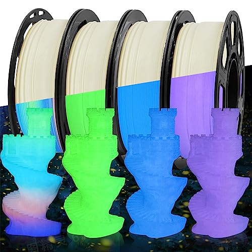 MIKA3D Glow in Dark PLA 3D Printer Filament Bundle, Glowing in Dark Fluorescent Green, Blue, Purple, Rainbow, Each Spool 0.25kg, 4 Spools, Total 1KG Dark Fluorescent PLA Multicolor Packed 250g X 4 - color: Green+blue+purple+rainbow