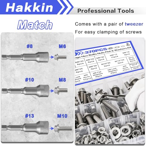 370PCS Metric Flange Bolt Assortment, M6x1.0, M8x1.25, M10x1.5 (12mm to 40mm) Hex Head Bolts and Nuts Assortment, Stainless Steel 304 Flange Bolts Nuts Washers Kit Hakkin, Hex Socket Included - size: L. M6 M8 M10