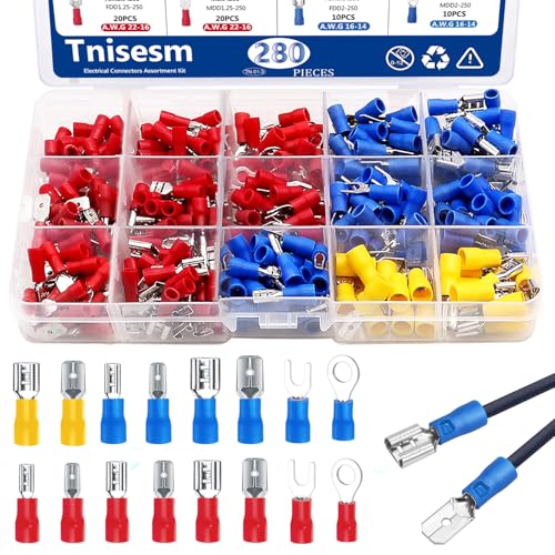 Tnisesm 280Pcs Spade Connector kit,Crimp Connectors 2.8mm 4.8mm 6.3mm Male and Female 16 Types Crimp Terminals Electrical Connectors Includes Spade Ring Fork Wire Connectors - color: 280Pcs Spade, size: Crimp style