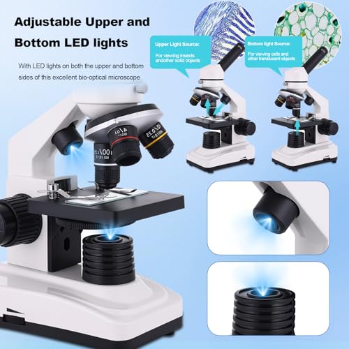Microscope for Adults & Kids, 40X-2500X High-Power Compound Microscope for Students, School Lab & Home Schooling,Equiped with Slides Set & Phone Holder (White) - color: white