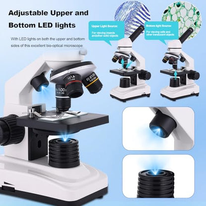 Microscope for Adults & Kids, 40X-2500X High-Power Compound Microscope for Students, School Lab & Home Schooling,Equiped with Slides Set & Phone Holder (White) - color: white