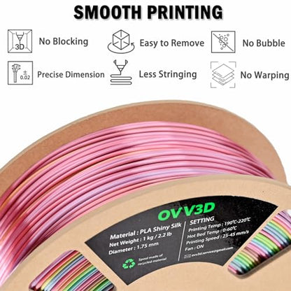 OVV3D Rainbow PLA Filament 1.75mm, PLA Silk PLA 3D Printer Filament Multicolor Silk Color Change Rainbow PLA Filament with Purple Pink Yellow Green Blue, 3D Printing Filament 3D Filament, 1kg - color: Rainbow Silk