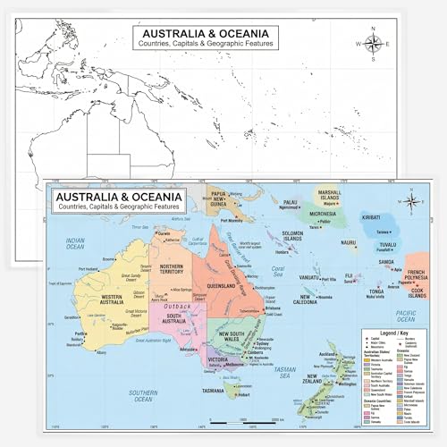 Australia & Oceania Map 11x17 Laminated Dry Erase Geography Chart | Double-Sided with Color Front & Blank Outline Back | Reusable Classroom Tool - color: Australia & Oceania