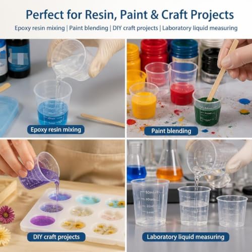 25Pcs Transparent Graduated Plastic Measuring Cups, Resin Epoxy Paint Mixing Containers, Multi-use Scale Cups for Craft, Kitchen & Laboratory Liquid Measurement (50, Milliliters)