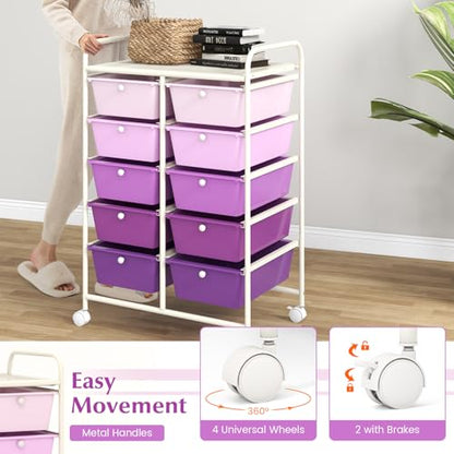 COSTWAY 10 Drawer Rolling Storage Cart, Utility Cart with Lockable Wheels - color: Purple Gradient, size: 10 Drawer