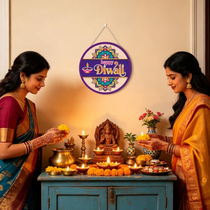 HLNIUC Happy Diwali Mandala Round Sign Diya Oil Lamp Wooden Door Hanger - color: Diwali 3