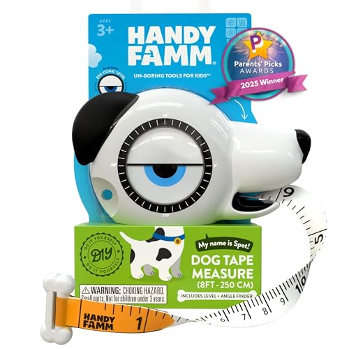 Handy Famm Spot the Dog 4-in-1 Kids Tape Measure with Adjustable Level Eye, Angle Finder & Eraser Ears – Montessori STEM Learning Tool for Children Ages 3+, Educational Construction Toy - style: Spot