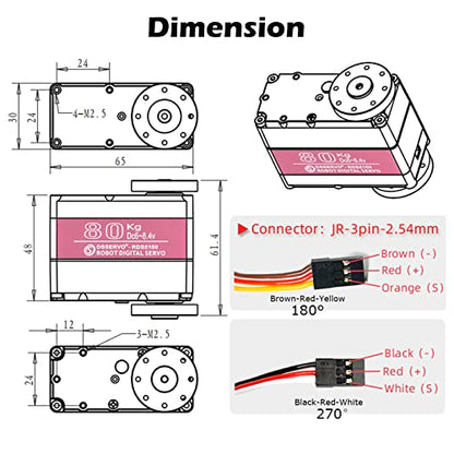RDS5180 80kg Digital Metal Robotic Servo Motor High Torque Double-Shaft Robot Servo Arm Waterproof IP66 with U Metal Brackets for RC Car DIY Robot (180°) - size: 80KG 180°