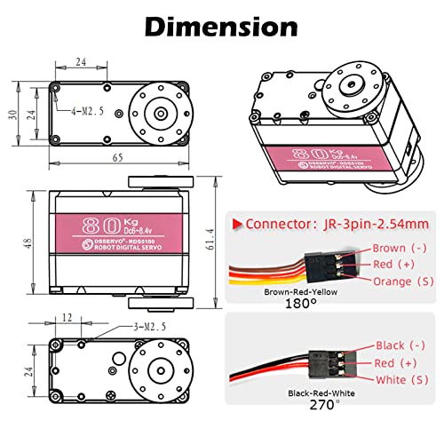 RDS5180 80kg Digital Metal Robotic Servo Motor High Torque Double-Shaft Robot Servo Arm Waterproof IP66 with U Metal Brackets for RC Car DIY Robot (270°) - size: 80KG 270°