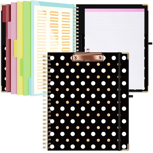Ospelelf Clipboard with Storage 8.5 X 11，Padfolio Organizer, Spiral Portfolio Letter Size with Notepad, Pen Holder, 5 Extra Folder Divider Pages, Elastic Closure Nurse Office Essentials Black Gold - color: Black Gold