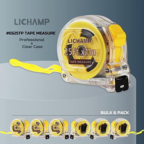 Lichamp 6 Pack 25FT/7.5M SAE/Metric Tape Measure Retractable EasyRead 1/8in