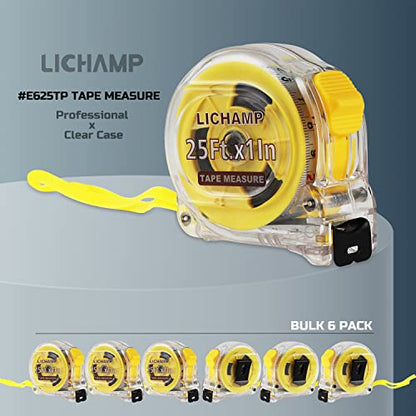 Lichamp 6 Pack 25FT/7.5M SAE/Metric Tape Measure Retractable EasyRead 1/8in