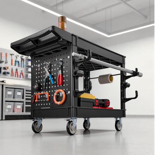 VEVOR Utility Cart with Tray & Pegboard, 44.8 x 24in 2 Tier Service Cart with 360° Swivel & Fixed Wheels (2 Brakes), 550 LBS Work Cart Tub Storage W/Deep Shelves, Tool Storage for Garage Warehouse - size: 44.8 × 24 × 33 in