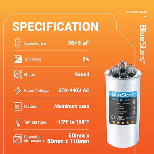 [UL Certified] BlueStars 35+3 MFD 35/3 uf 370 or 440 VAC Dual Run Round Capacitor CBB65 - Fit for Condenser Straight Cool Heat Pump Air Conditioner AC Motor - Replaces USA2226BA 97F9472 C3353R - size: 35+3 MFD