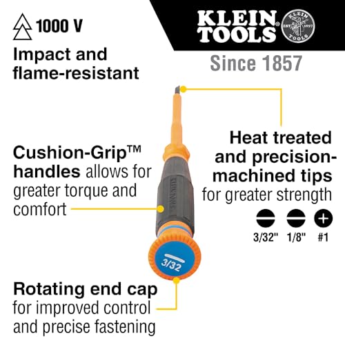 Klein Tools 85613INS Mini Precision Screwdriver Set, 1000V Rated Insulated Screwdrivers, #1 Phillips, 3/32, 1/8-Inch Slotted Tips, 3-Piece - style: 3-Piece Kit