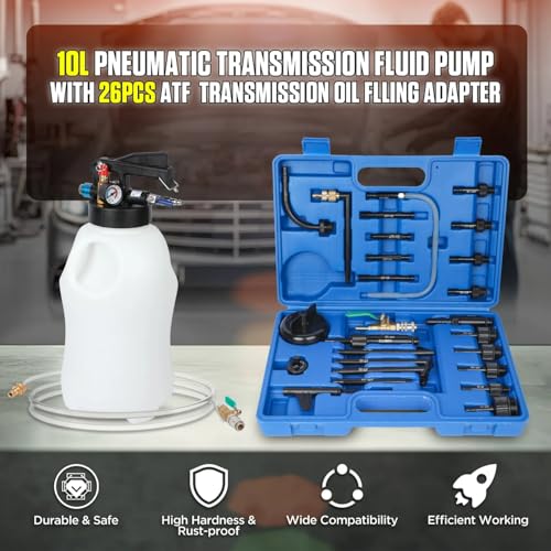 10L Pneumatic Transmission Fluid Pump Kit with 26PCS ATF Adapters, Automatic Oil Extractor & Dispenser Transmission Fluid Transfer Pump Set, Transmission Fill Adapters for ATF Filling System - size: 10L(2.64 Gallons)+26PCS