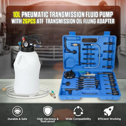 10L Pneumatic Transmission Fluid Pump Kit with 26PCS ATF Adapters, Automatic Oil Extractor & Dispenser Transmission Fluid Transfer Pump Set, Transmission Fill Adapters for ATF Filling System - size: 10L(2.64 Gallons)+26PCS