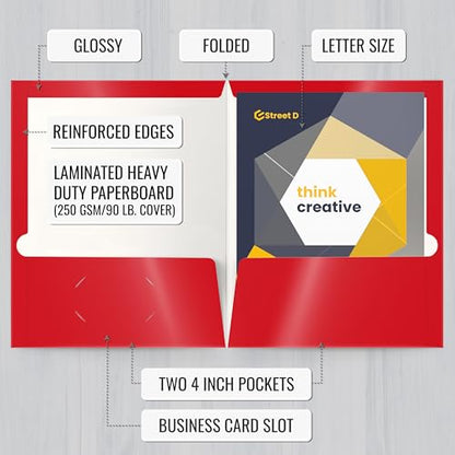 Better Office Products 2 Pocket Glossy Laminated RED Paper Folders, Letter Size, Paper Portfolios Box of 25 Red Folders - color: Red