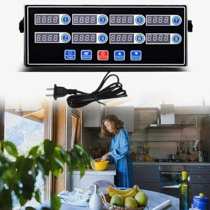 Multi-Channel Kitchen Timer Professional Digital Display Clock Stainless Steel Housing LED Interface Eight Segmented Intervals 12.72 Inch Bracket Industrial Commercial Use Black