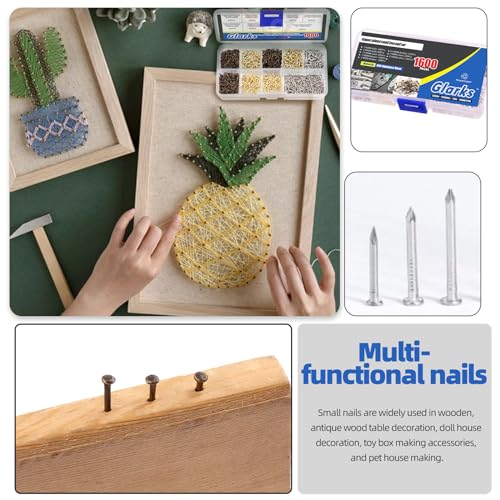 Glarks 1600Pcs Small Tiny Nails Kit Wooden Screw Nail Gold Silver Bronze 1x6mm, 1x8mm 1x10mm Mini Nails for DIY Hardware Accessories Fixed Installation