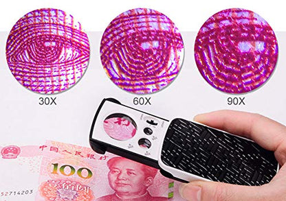 Slide Out Jewelry Loupes Magnifier Portable Pocket 30X 60X 90X Handheld Magnifying with 2 LED 1 Light Professional Protective Glass Loupe for Jewelry Rocks Stamps Coins Antiques Watches