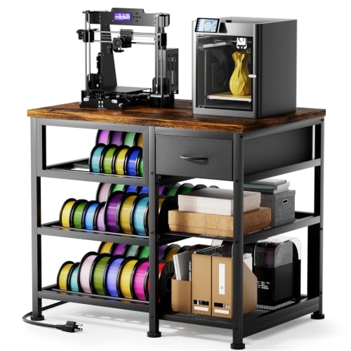 3D Printer Stand with Filament Storage Rack, Heavy Duty 3D Printer Table with Power Outlet, 4-Tier Filament Holder with Drawer, 3D Printer Filament Stand Organized for Office Workshop Studio - color: Brown 4-Tier