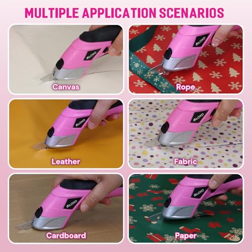 VLOXO Cordless Electric Scissors Cardboard Cutter with 2 Type Blades Rechargeable Powerful Shears Cutting Tool for Fabric Electric Box Cutter Leather Felt with Charger & Storage Box-Pink - color: Pink