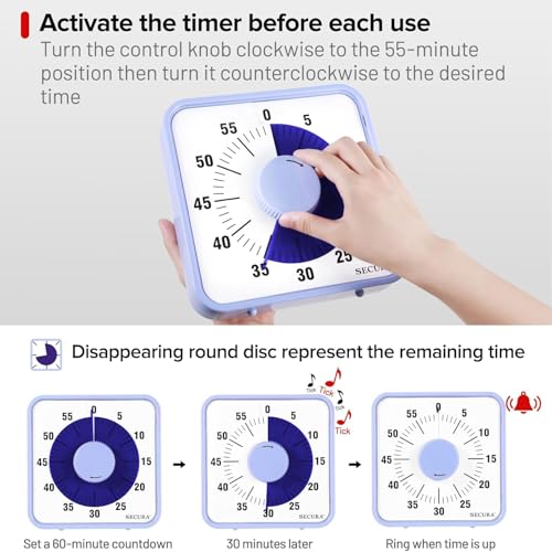 Secura 60-Minute Visual Countdown Timer, 7.5-Inch Oversize Classroom Visual Timer for Kids and Adults, Durable Mechanical Kitchen Timer Clock with Magnetic Backing (Violet) - color: Purple & Purple