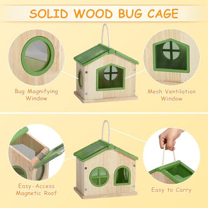 SainSmart Jr. Bug Catcher for Kids - Wooden Bug Habitat with Magnified Viewer, Butterfly Net, Observation Box, Tweezers & 15 Cards, Outdoor Toys & STEM Toys for Boys & Girls Ages 3+, Green - color: Green