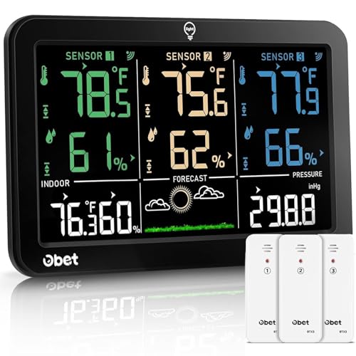 OBET Weather Station Wireless Indoor Outdoor Thermometer Wireless, Color Display Digital Temperature and Humidity Monitor with 3 Sensors, Alerts, Adjustable Backlight, USB Port (500 Feet) - color: Black-Large