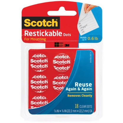 Scotch Restickable Dots, 7/8-in, 18 Count, Clear Double-Sided Mounting Pre-Cut Dots, Remove Cleanly, Mount Objects on Stainless Steel, Plastic & More, Photo-Safe Adhesive, Mess-Free Application (R105) - size: 7/8" Dots, style: 18 Count