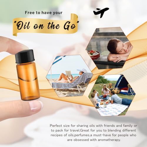 100 Pack,Glass Essential Oil Bottle with Screw Caps,Empty Refillable Travel Glass Liquid Sample Vial Labs Preservation Storage Leakproof Vials Test Container with Black Screw Caps (Amber, 10ml) - color: Amber, size: 10ml
