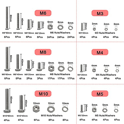 Metric Bolt Assortment, 244PCS M3 M4 M5 M6 M8 M10 Hex Bolts and Nuts Kit, 10-50mm Stainless Steel Bolts and Nuts Kit, Flat Hex Head Screws Bolts Nuts, Lock and Flat Gasket Washers Assortment Kit - size: A. M3 M4 M5 M6 M8 M10