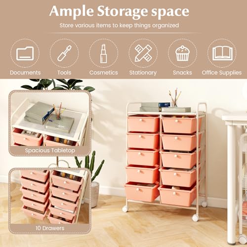 COSTWAY 10 Drawer Rolling Storage Cart, Utility Cart with Lockable Wheels - color: Peach, size: 10 Drawer