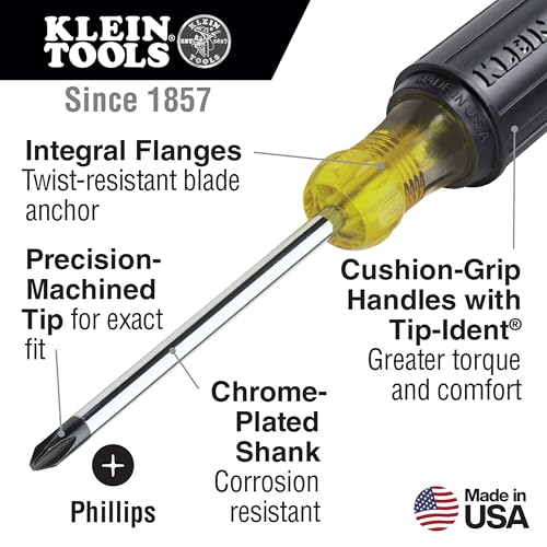Klein Tools 85742 Screwdriver Set, Made in USA, 3/16 Cabinet and #2 Phillips Precision Machined Tips, Cushion-Grip Handles, Round Shank, 2-Piece - size: One Size, style: 3/16 Cabinet and #2 Phillips