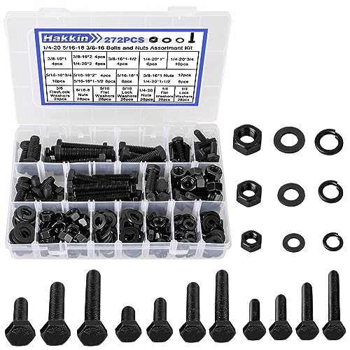 272PCS Hex Bolts and Nuts Kit, 1/4, 5/16, 3/8 Hex Bolts Screws Nuts Flat Lock Washers Assortment Kit, Carbon Steel Machine Screws Set Grade 8.8 (Black) - size: E. 1/4 5/16 3/8