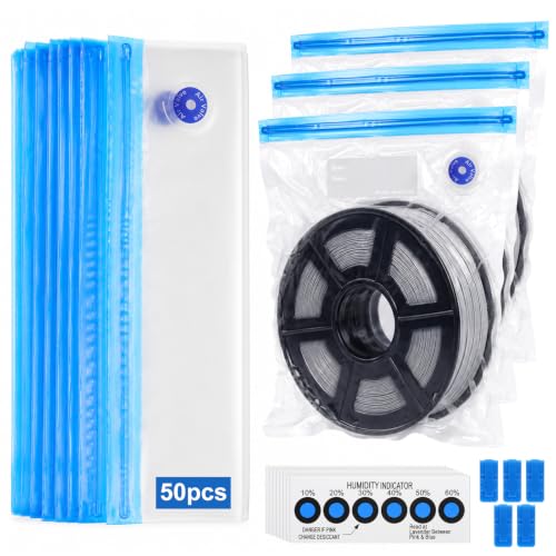 80 Pcs 3D Filament Storage Bags Kit, 50 Pcs 3D Printer Filaments Vacuum Storage Bag 13.4 x 11.8 Inch with 5 Sealing Clip 25 Humidity Indicator Cards for Keep Filament Dry