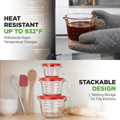 NutriChef 1,2 and 4 Cups Glass Measuring Cup Set with Lids (8, 17 and 34 oz) - Heat-Resistant Borosilicate Liquid Measure Cups with Easy-Read Scale for Cooking, Baking & Food Storage, Dishwasher Safe - size: 3 pc set with lids