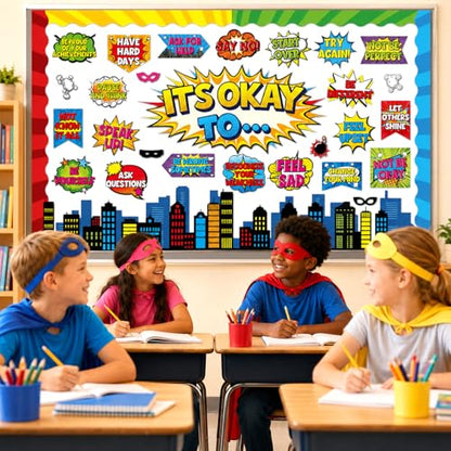 Hero Themed Mental Health Bulletin Board Set Motivational Classroom Decor It's Okay to Inspirational Affirmation Super Themed Cutouts for Back to School Party Classroom Home Chalkboard Wall Door Decor - style: It's Okay to