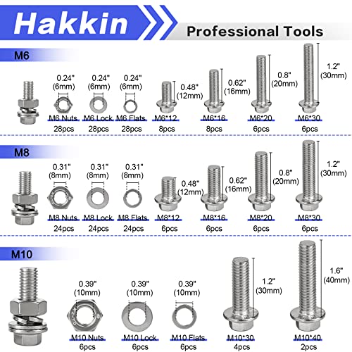Hakkin 232Pcs Flange Hex Bolts and Nuts Kit M6 M8 M10 Metric Bolt Assortment, 304 Stainless Steel Metric Hex Bolt, M6-1.0 M8-1.25 M10-1.5 Flange Screw Set Nuts and Bolts Assortment Kit - size: H. M6 M8 M10