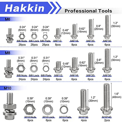 Hakkin 232Pcs Flange Hex Bolts and Nuts Kit M6 M8 M10 Metric Bolt Assortment, 304 Stainless Steel Metric Hex Bolt, M6-1.0 M8-1.25 M10-1.5 Flange Screw Set Nuts and Bolts Assortment Kit - size: H. M6 M8 M10