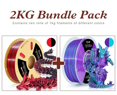 LOVOON Silk PLA Filament 1.75mm, 2KG Bundle 3D Printer Filament, 3D Printing Filament Shiny Change by Angle, Dual Color Black/Red and Blue/Purple, 1KG X 2 Spools - color: Black/Red+blue/Purple, size: 2 kg