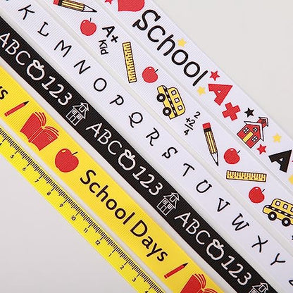 Meseey Back to School Themed Grosgrain Ribbon Ruler School Bus Apple ABC Pencil Backpack Books Chalkboard Printed Craft Ribbons for Teacher Appreciation,Wreath,Gift Wrapping (6 Rolls 30yards) - color: 6 Rolls 30 Yards