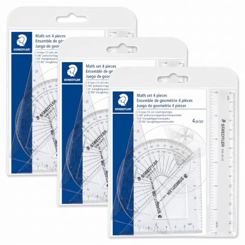 STAEDTLER Math Set - 4 pc Geometry Kit for Students - School Supplies with Clear Protractor, 6in Ruler & 2 Triangles – Metric & Imperial Scales (Pack of 3) - size: 4 Piece Set (Pack of 3)