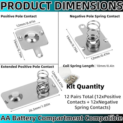 12 Pairs AA Battery Spring Replacement Kit, Nickel Plated Contact Plates & Conversion Springs for Remote, Toy, Clock, Charger (12x12mm & 12x26.5mm)