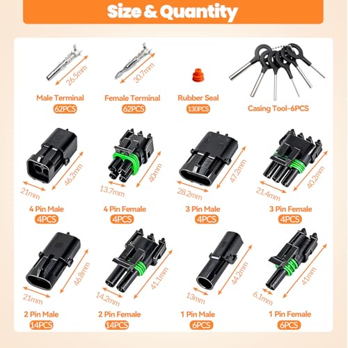 310Pcs 28 Kits Waterproof Automotive Electrical Connectors 1/2/3/4 Male&Female Automotive Replacement Electrical Accessories 22-14AWG - size: 316PCS