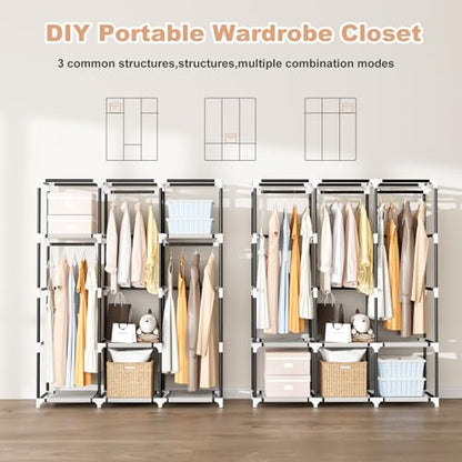 Portable Closet with Cover, 3 Hanging Rods and Side Pocket, Sturdy Free Standing Closet, White - color: White, size: 3 Row - 49.2'' Wide