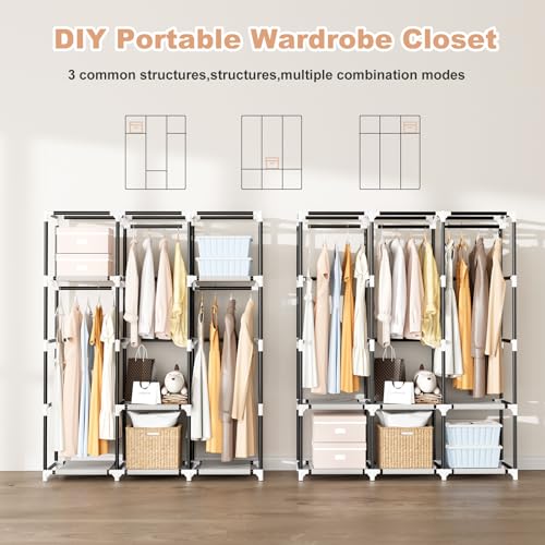 Portable Closet with Cover, 3 Hanging Rods and Side Pocket, Sturdy Free Standing Closet, Grey - color: Grey, size: 3 Row - 49.2'' Wide