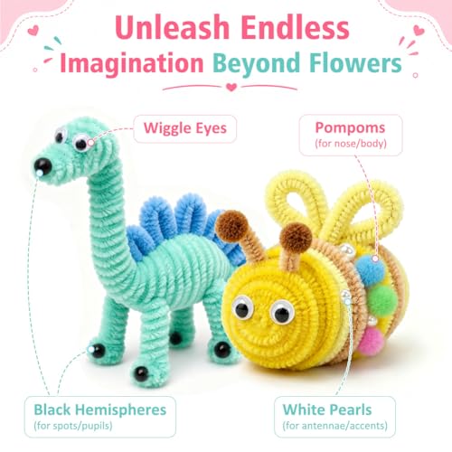 shaXsha Pipe Cleaner Flower Kit Bulk, 1160+ PCS All-in-One Beginner Craft Set with 650 PCS Pipe Cleaners, 500+ Beads & Eyes, Pink-Themed Materials for Creative DIY, Illustrated & Video Guides