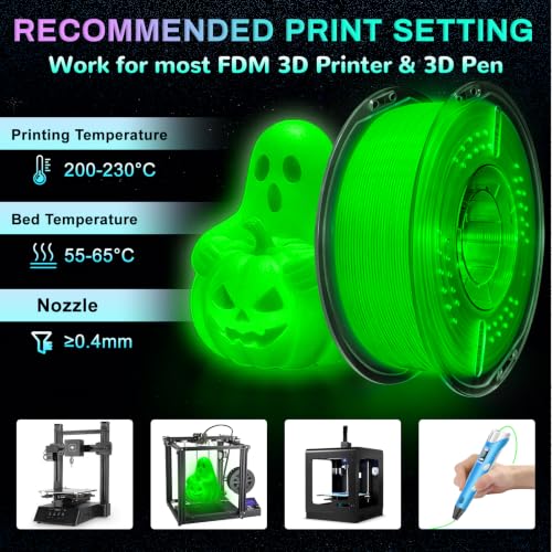 PLA+ 3D Printer Filament, Glow in The Dark Filament 1.75mm, Long-Lasting Glow & High-Brightness, Luminous Green Bright 3D Printing Filament for Most 3D Printer - 1kg Spool(Glow Green) - color: Green